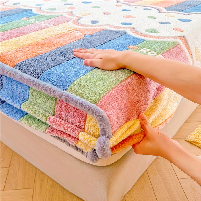 91家纺网 家纺一手货源 找家纺 喜居 喜居 2024新款雪花绒床笠印花牛奶绒床笠三件套单床笠 彩虹