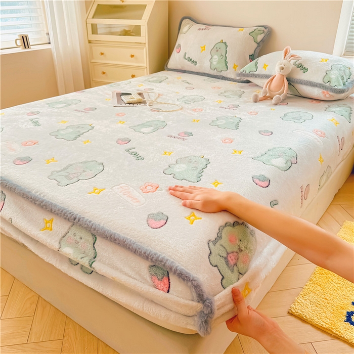 91家纺网 家纺一手货源 找家纺 喜居 喜居 2024新款雪花绒床笠印花牛奶绒床笠三件套单床笠 快乐恐龙