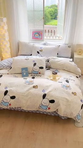 91家纺网 家纺一手货源 找家纺 拾物记 2024新款A类12868全棉喷气印花四件套 蓝色小狗