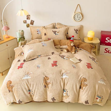 大柏树 2025新款A类高克重亲肤舒适牛奶绒印花四件套-四件套可定制 恐龙世界
