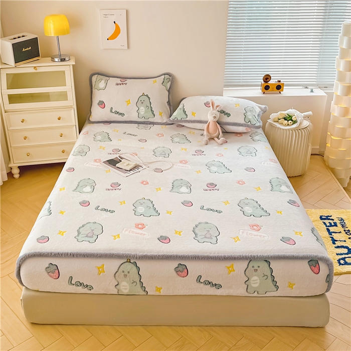 91家纺网 家纺一手货源 找家纺 喜居 喜居 2024新款雪花绒床笠印花牛奶绒床笠三件套单床笠 快乐恐龙