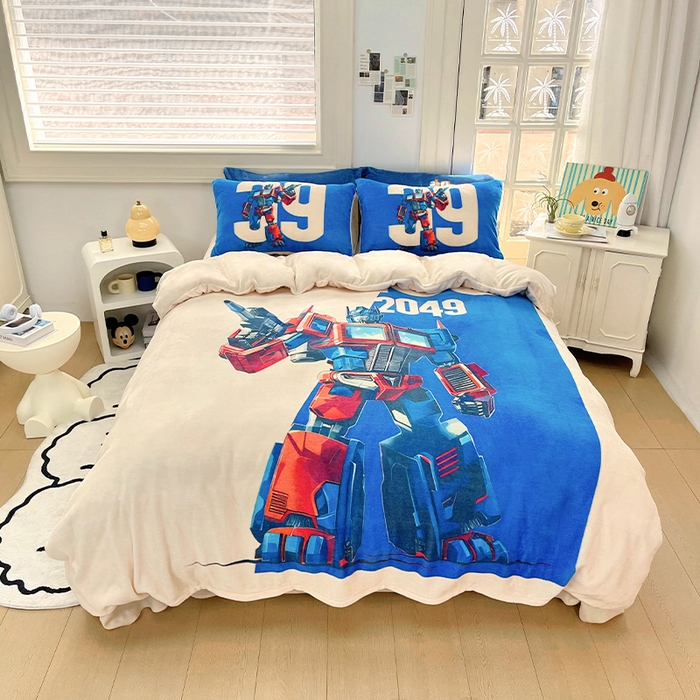 91家纺网 家纺一手货源 找家纺 浩诚 2024新款加厚保暖牛奶绒四件套印花卡通系列 百变金刚