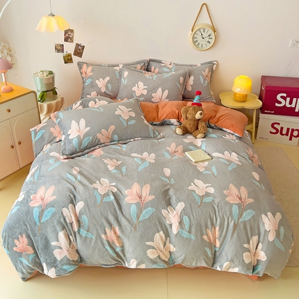 大柏树 2025新款A类高克重亲肤舒适牛奶绒印花四件套-四件套可定制 月下花夕-灰