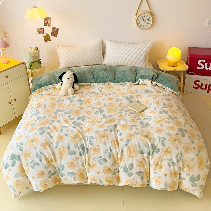 91家纺网 家纺一手货源 找家纺 大柏树 2025新款A类高克重亲肤舒适牛奶绒印花四件套-单被套可定制 朵柔-黄