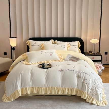 91家纺网 家纺一手货源 找家纺 爱家（原缔乐家纺） 2024新款牛奶绒贴布绣四件套-蝶舞 蝶舞-奶油黄