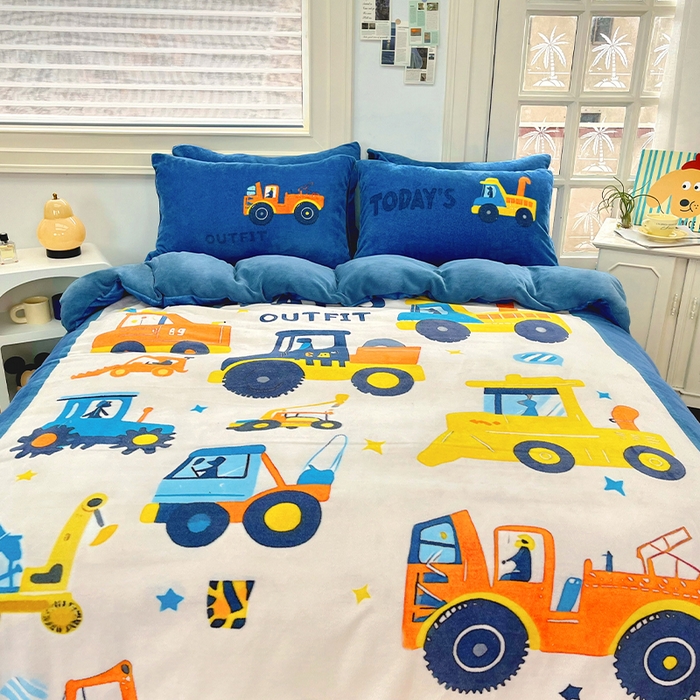 91家纺网 家纺一手货源 找家纺 浩诚 2024新款加厚保暖牛奶绒四件套印花卡通系列 汽车达人