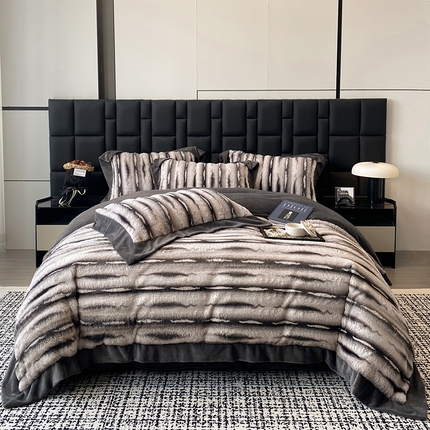 91家纺网 家纺一手货源 找家纺 若未家居 LOVEWE HOUSE 2025秋冬皮草套件A版500克丹麦貂B版240克全消光牛奶绒高端四件套伊芙劳伦 伊夫劳伦-岩灰