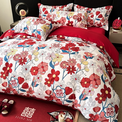 91家纺网 家纺一手货源 找家纺 （总）金牛座家纺 2025新款高克重亲肤棉磨毛数码印花婚庆四件套配高档礼盒