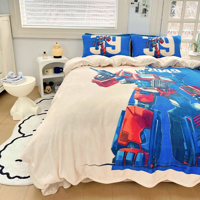 91家纺网 家纺一手货源 找家纺 浩诚 2024新款加厚保暖牛奶绒四件套印花卡通系列 百变金刚