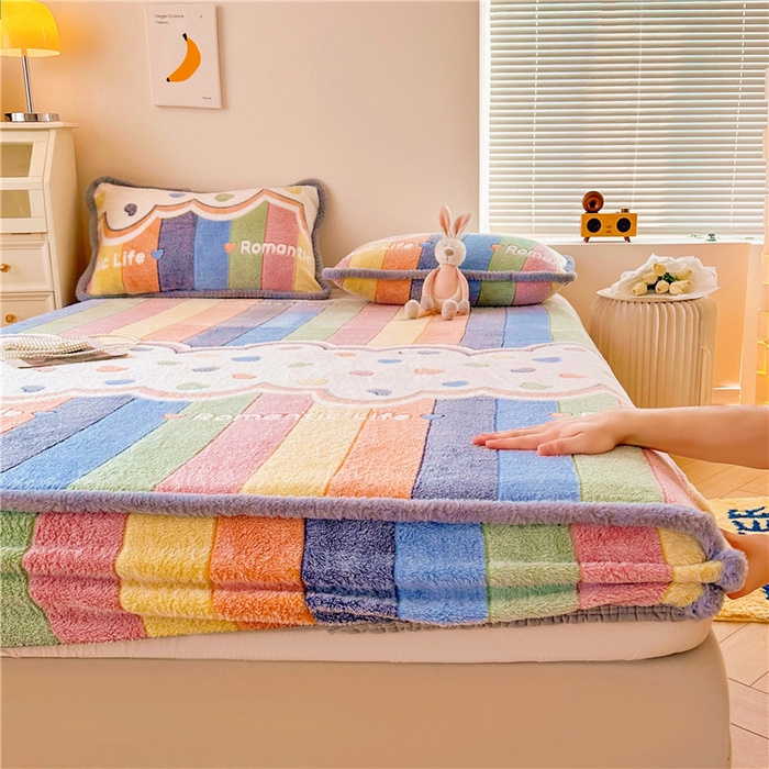 91家纺网 家纺一手货源 找家纺 喜居 喜居 2024新款雪花绒床笠印花牛奶绒床笠三件套单床笠 彩虹