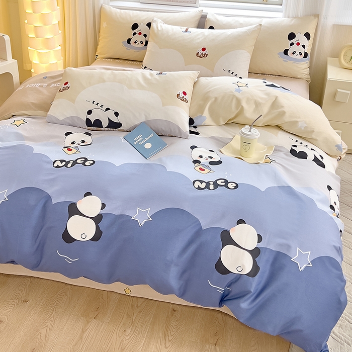 91家纺网 家纺一手货源 找家纺 拾物记 2024新款A类12868全棉喷气印花四件套 萌萌熊猫