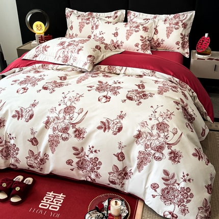 91家纺网 家纺一手货源 找家纺 （总）金牛座家纺 2025新款高克重亲肤棉磨毛数码印花婚庆四件套配高档礼盒