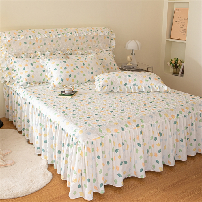 91家纺网 家纺一手货源 找家纺 十个点家纺 2024新款云锦棉印花床裙三件套-晚秋系列 杏叶繁花