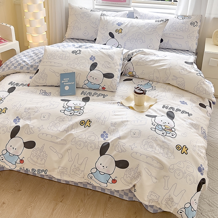 91家纺网 家纺一手货源 找家纺 拾物记 2024新款A类12868全棉喷气印花四件套 蓝色小狗