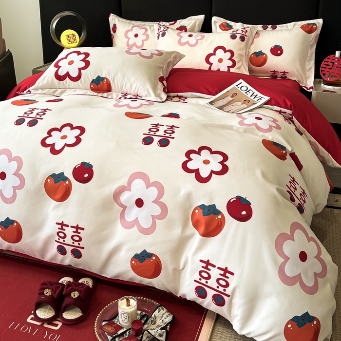 91家纺网 家纺一手货源 找家纺 金牛座家纺 2025新款高克重亲肤棉磨毛数码印花婚庆四件套配高档礼盒 柿柿如意