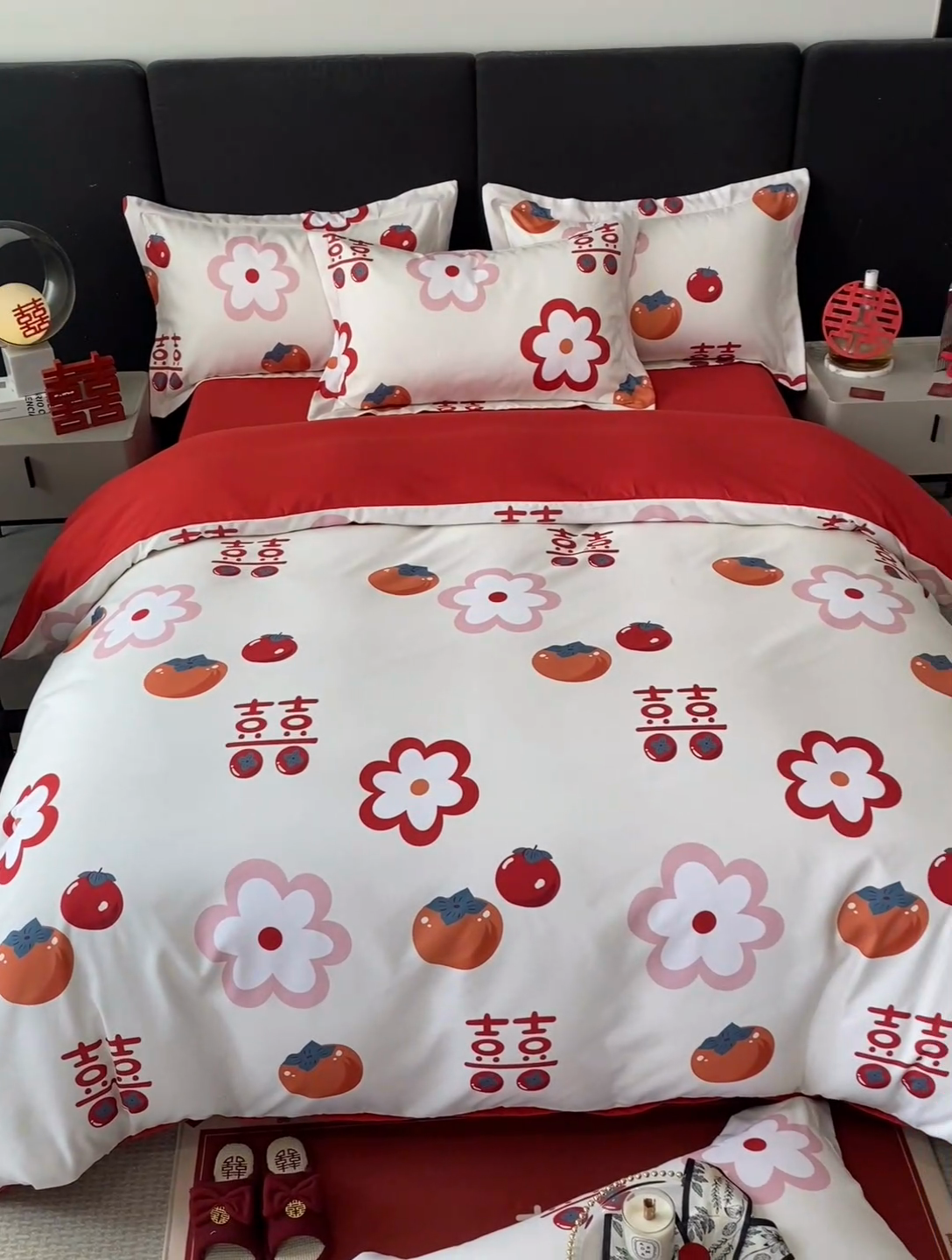 91家纺网 家纺一手货源 找家纺 金牛座家纺 2025新款高克重亲肤棉磨毛数码印花婚庆四件套配高档礼盒 柿柿如意