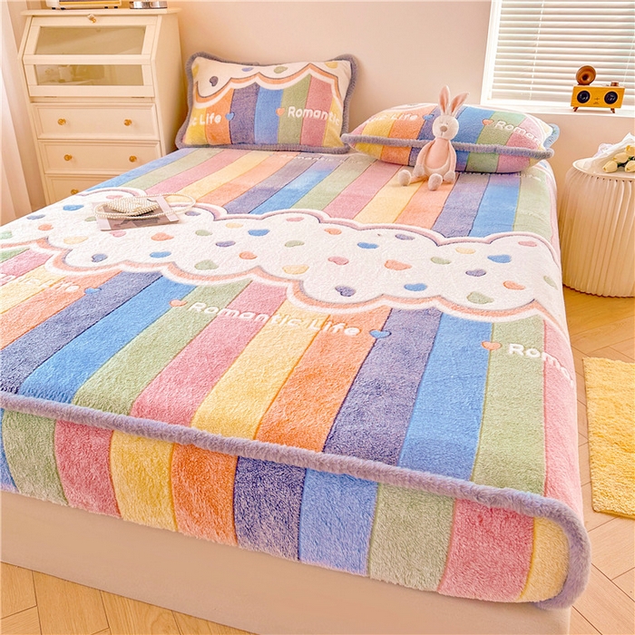 91家纺网 家纺一手货源 找家纺 喜居 喜居 2024新款雪花绒床笠印花牛奶绒床笠三件套单床笠 彩虹