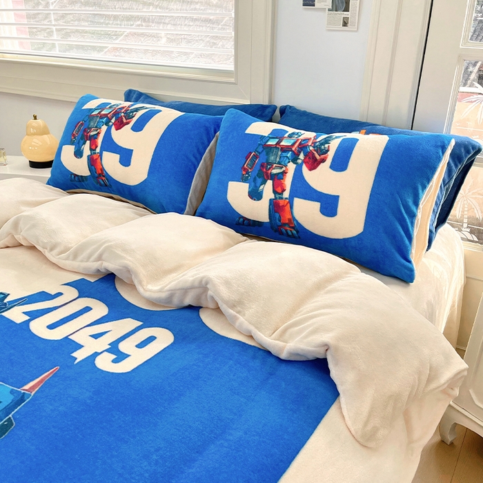 91家纺网 家纺一手货源 找家纺 浩诚 2024新款加厚保暖牛奶绒四件套印花卡通系列 百变金刚