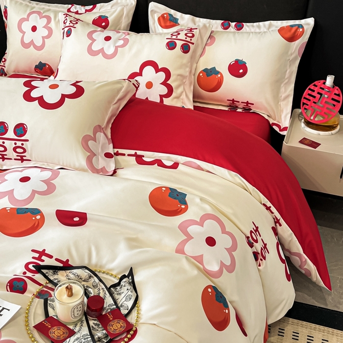 91家纺网 家纺一手货源 找家纺 金牛座家纺 2025新款高克重亲肤棉磨毛数码印花婚庆四件套配高档礼盒 柿柿如意