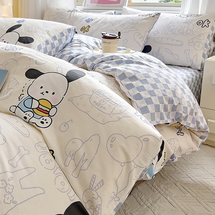 91家纺网 家纺一手货源 找家纺 拾物记 2024新款A类12868全棉喷气印花四件套 蓝色小狗