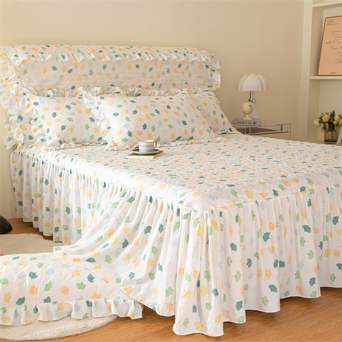 91家纺网 家纺一手货源 找家纺 十个点家纺 2024新款云锦棉印花床裙三件套-晚秋系列 杏叶繁花