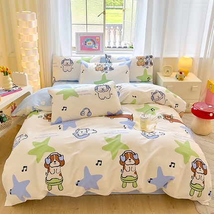 91家纺网 家纺一手货源 找家纺 拾物记 2024新款A类12868全棉喷气印花四件套 音乐小狗