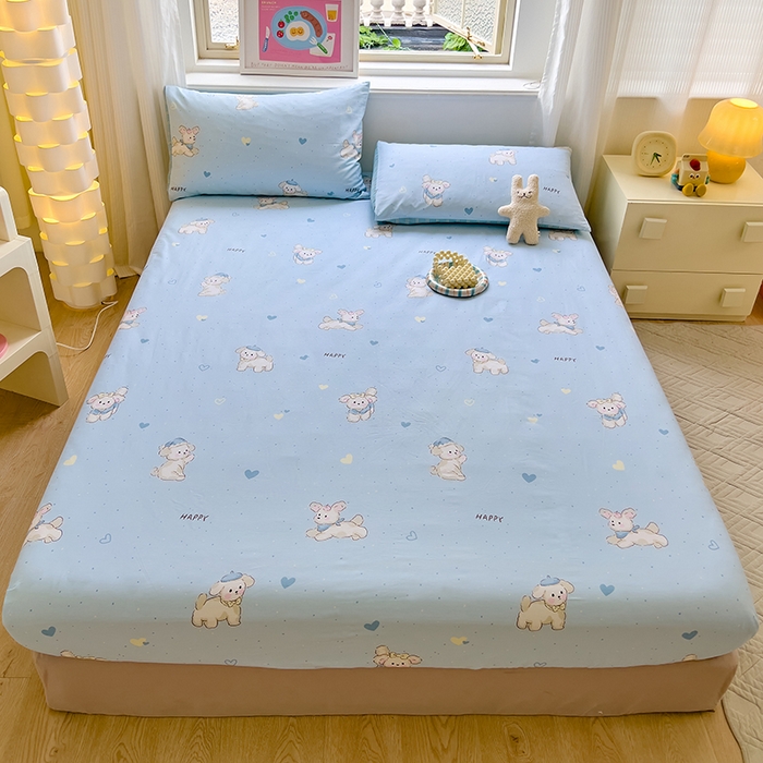 91家纺网 家纺一手货源 找家纺 拾物记 2024新款A类12868全棉喷气床笠 帽子小奶狗