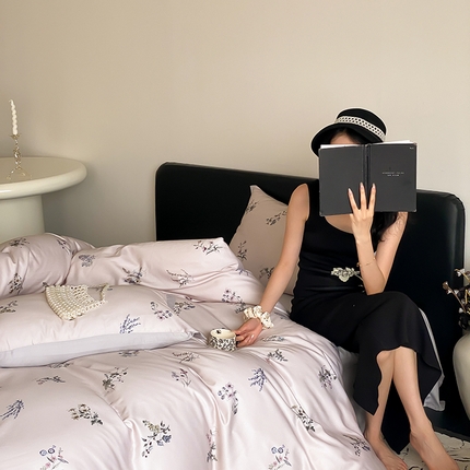 2024新款40s加厚天丝棉磨毛印花四件套-花信 花信-栀子粉