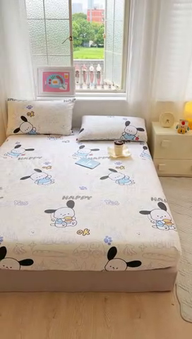 91家纺网 家纺一手货源 找家纺 拾物记 2024新款A类12868全棉喷气床笠 蓝色小狗