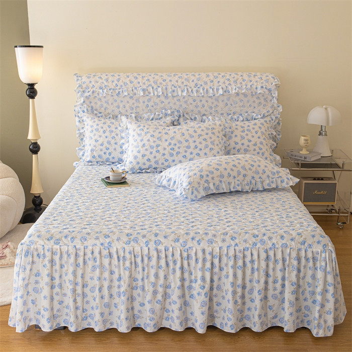 91家纺网 家纺一手货源 找家纺 十个点家纺 2024新款云锦棉印花床裙三件套-晚秋系列 蓝色玫瑰