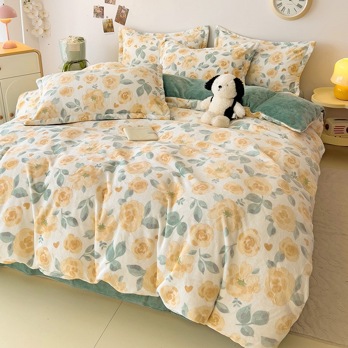 91家纺网 家纺一手货源 找家纺 大柏树 2025新款A类高克重亲肤舒适牛奶绒印花四件套-四件套可定制 朵柔-黄