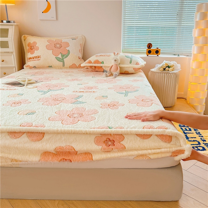 91家纺网 家纺一手货源 找家纺 喜居 喜居 2024新款雪花绒床笠印花牛奶绒床笠三件套单床笠 向阳花