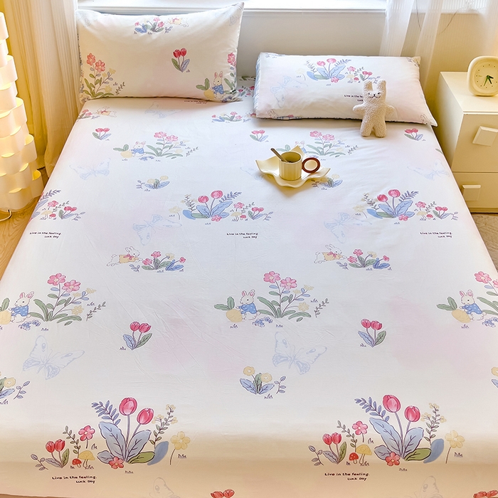 91家纺网 家纺一手货源 找家纺 拾物记 2024新款A类12868全棉喷气床笠 幻蝶兔