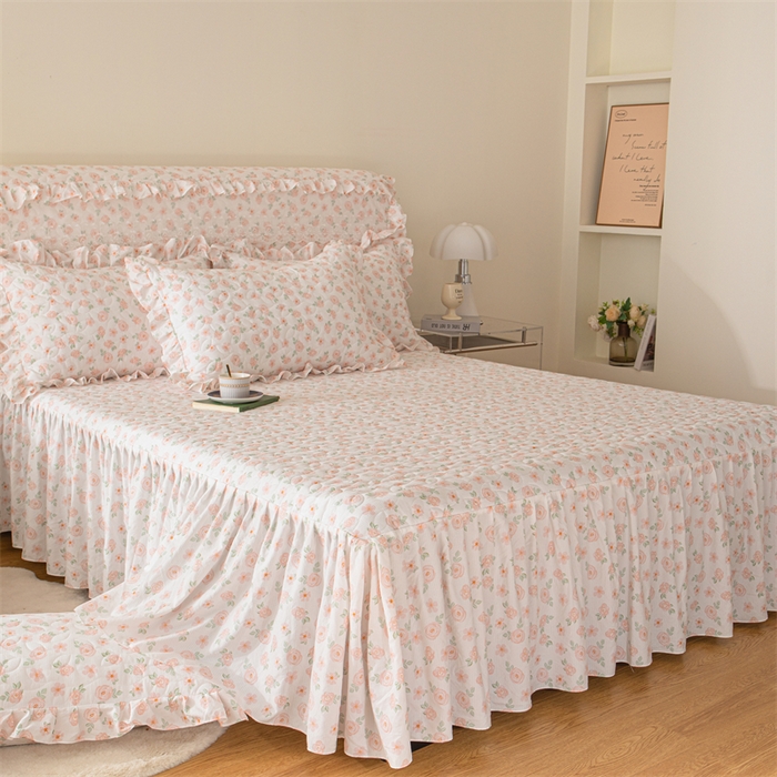 91家纺网 家纺一手货源 找家纺 十个点家纺 2024新款云锦棉印花床裙三件套-晚秋系列 红粉世家