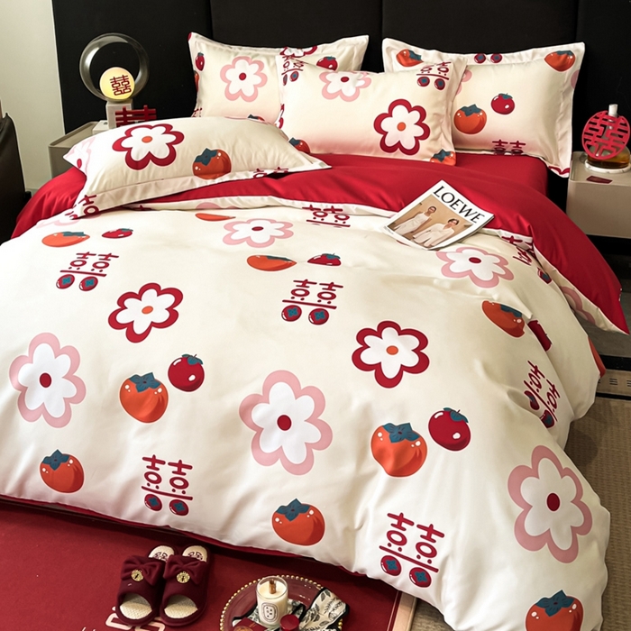 91家纺网 家纺一手货源 找家纺 金牛座家纺 2025新款高克重亲肤棉磨毛数码印花婚庆四件套配高档礼盒 柿柿如意