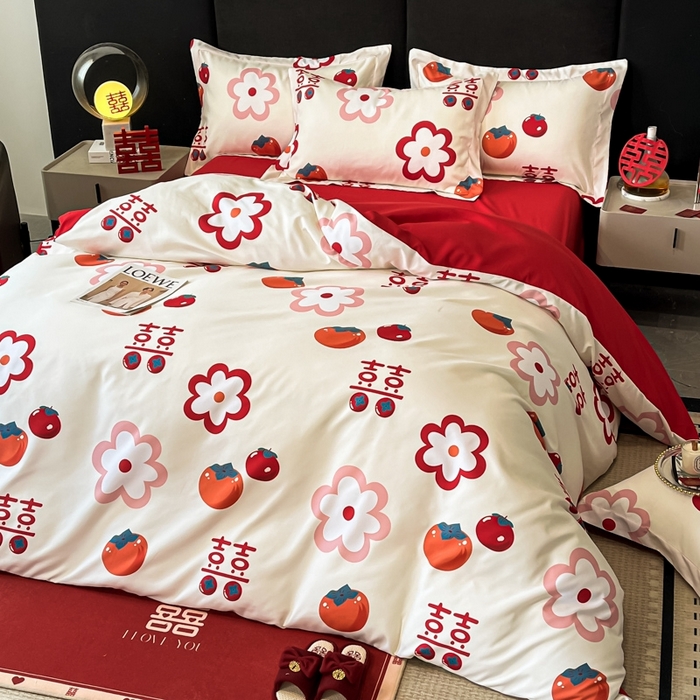 91家纺网 家纺一手货源 找家纺 金牛座家纺 2025新款高克重亲肤棉磨毛数码印花婚庆四件套配高档礼盒 柿柿如意