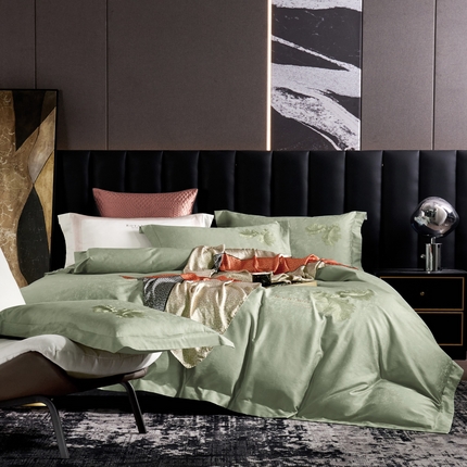 91家纺网 家纺一手货源 找家纺 张公子婚庆馆 2025新款100支居家直播爆款长绒棉提花系列--羽魅 羽魅-抹茶绿