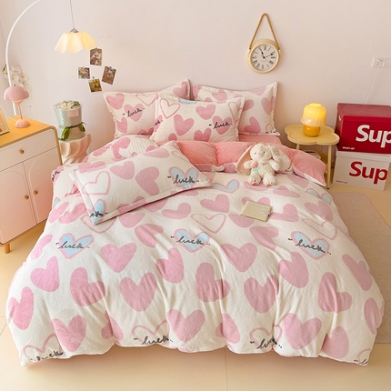 大柏树 2025新款A类高克重亲肤舒适牛奶绒印花四件套-四件套可定制 若凡-粉