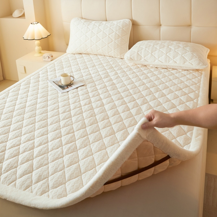 91家纺网 家纺一手货源 找家纺 鑫钰 2024新款宝宝绒牛奶绒烂花大豆夹棉床褥床护垫-菱形格 菱形格-雅白