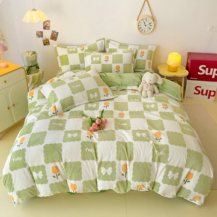 大柏树 2025新款A类高克重亲肤舒适牛奶绒印花四件套-四件套可定制 花町-绿