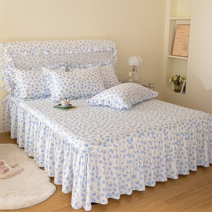 91家纺网 家纺一手货源 找家纺 十个点家纺 2024新款云锦棉印花床裙三件套-晚秋系列 蓝色玫瑰