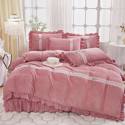 卡迪亚家纺 2024新款牛奶绒床盖款公主风四件套-依琳系列 依琳-豆沙红