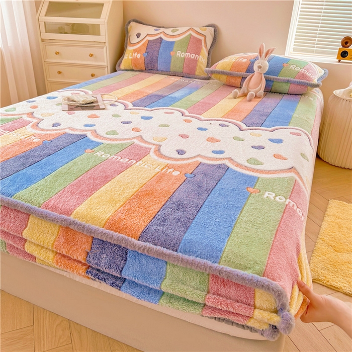 91家纺网 家纺一手货源 找家纺 喜居 喜居 2024新款雪花绒床笠印花牛奶绒床笠三件套单床笠 彩虹