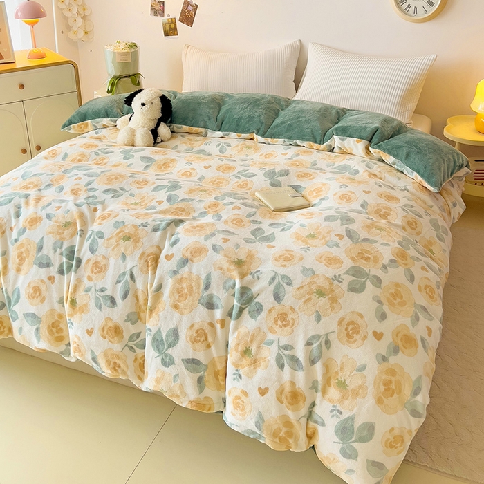 91家纺网 家纺一手货源 找家纺 大柏树 2025新款A类高克重亲肤舒适牛奶绒印花四件套-单被套可定制 朵柔-黄