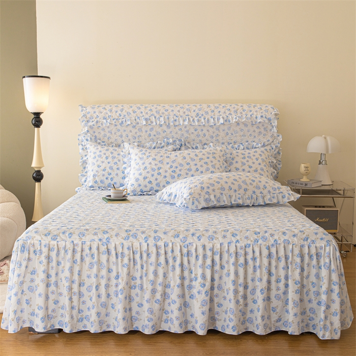 91家纺网 家纺一手货源 找家纺 十个点家纺 2024新款云锦棉印花床裙三件套-晚秋系列 蓝色玫瑰