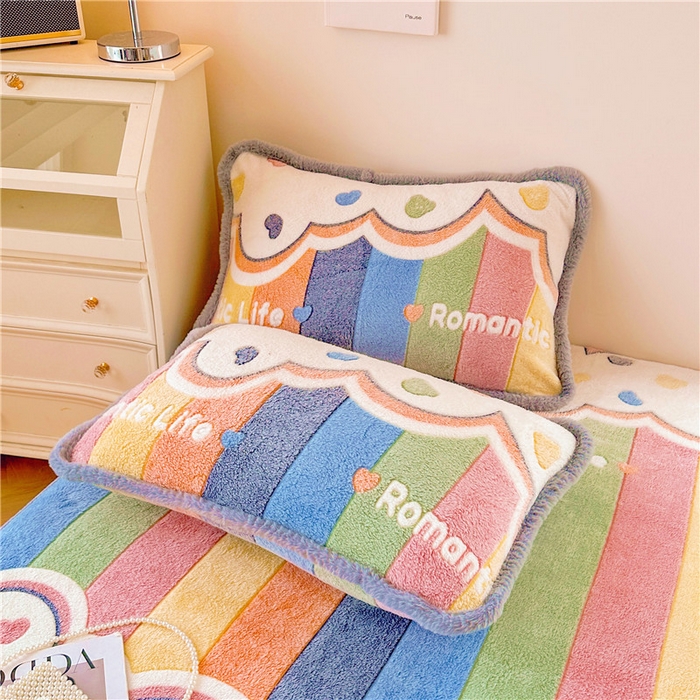 91家纺网 家纺一手货源 找家纺 喜居 喜居 2024新款雪花绒床笠印花牛奶绒床笠三件套单床笠 彩虹