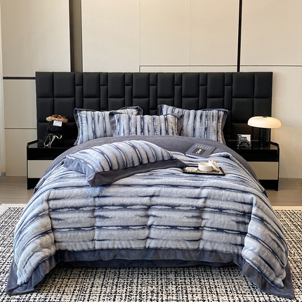 91家纺网 家纺一手货源 找家纺 若未家居 LOVEWE HOUSE 2025秋冬皮草套件A版500克丹麦貂B版240克全消光牛奶绒高端四件套伊芙劳伦  伊夫劳伦-蓝灰