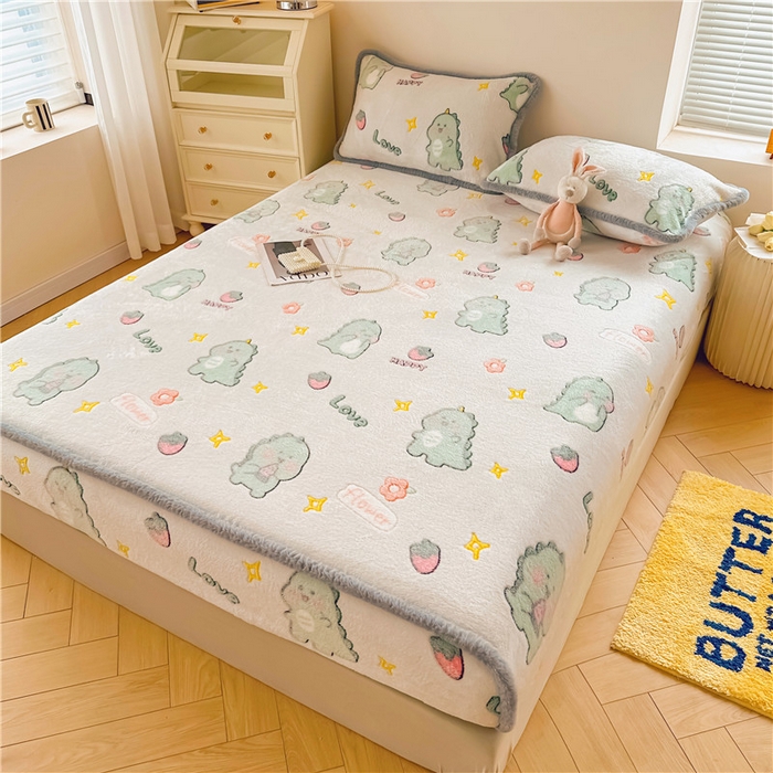 91家纺网 家纺一手货源 找家纺 喜居 喜居 2024新款雪花绒床笠印花牛奶绒床笠三件套单床笠 快乐恐龙