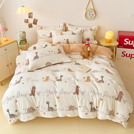 大柏树 2025新款A类高克重亲肤舒适牛奶绒印花四件套-四件套可定制 小恐龙