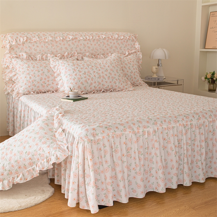 91家纺网 家纺一手货源 找家纺 十个点家纺 2024新款云锦棉印花床裙三件套-晚秋系列 红粉世家